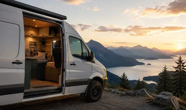 O autorulotă compactă off-grid parcată la un lac de munte la apus de soare