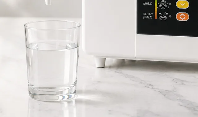 Un pahar de Kangen Water proaspătă lângă SD501DX
